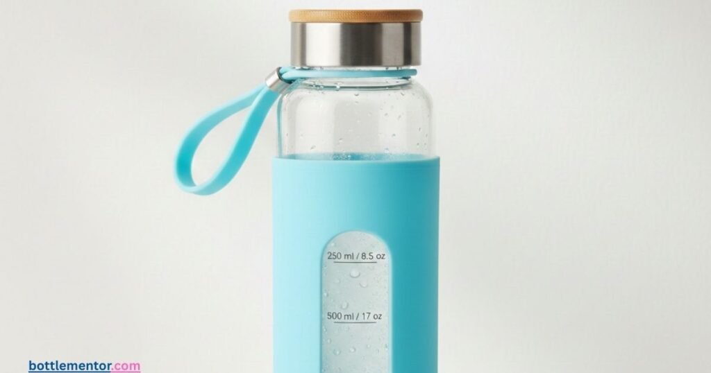 borosilicate glass water bottle with a protective silicone sleeve