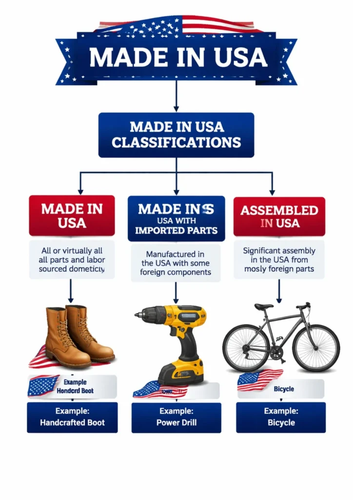 Flowchart illustrating the different "Made in USA" classifications with examples