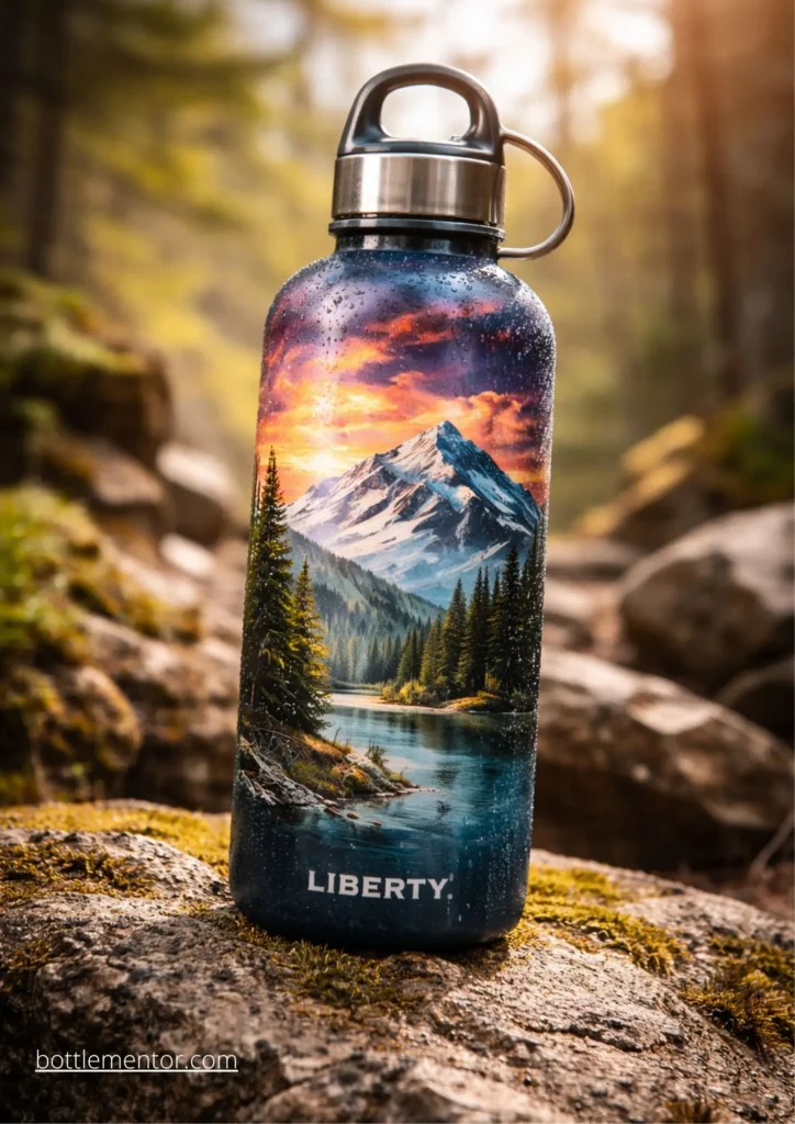 Liberty bottle showcasing its unique artwork and resilient coating