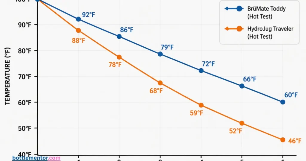 Line graph showing temperature drop over 6 hours for BrüMate Toddy vs. HydroJug Traveler (hot test)