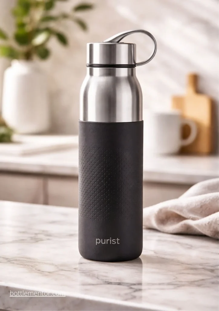  Purist bottle with its silicon sleeve, highlighting its elegant design and protection.