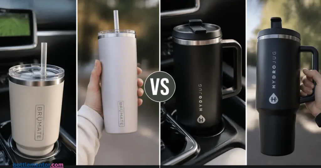 Side-by-side comparison photos of tumblers in a car cup holder and being held by hand.