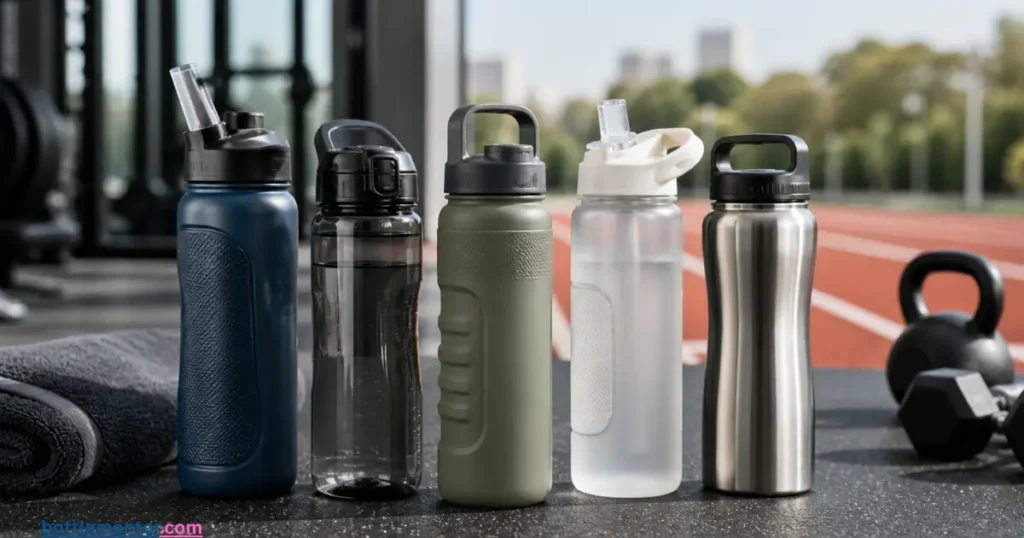 a gym or running track image showing bottles with straw lids, chug lids, and grip-friendly designs.