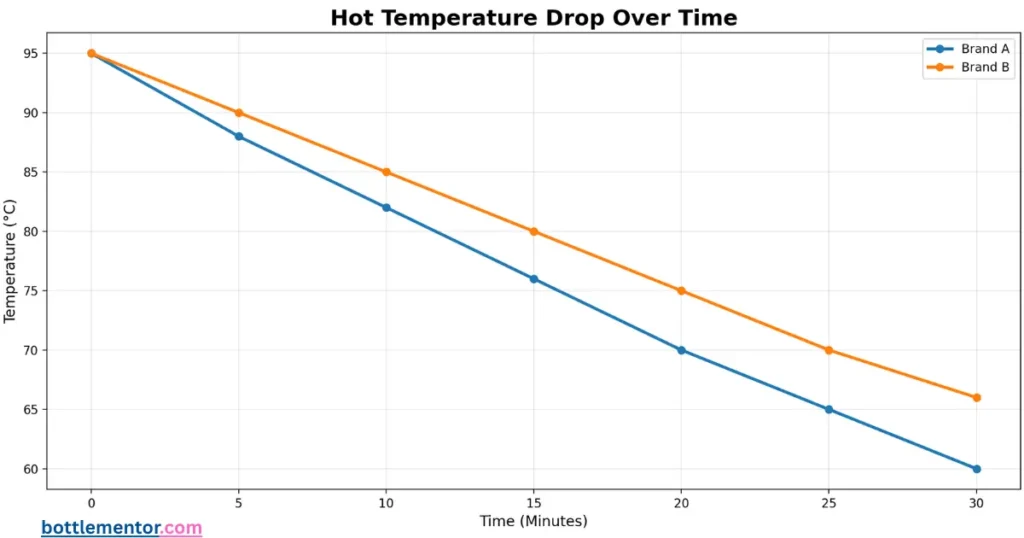 Line graph comparing hot temperature drop over time for both brands